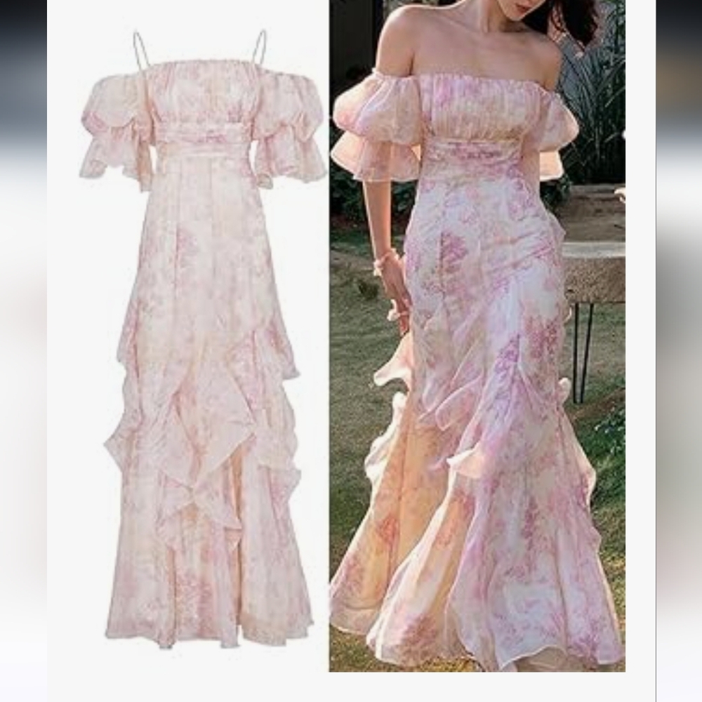 Off-Shoulder Pink Floral Maxi Dress